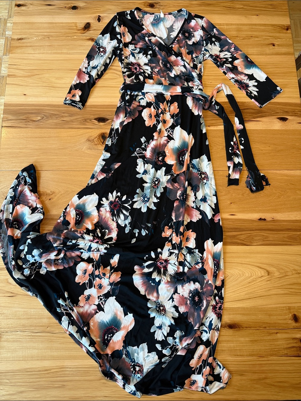 Pinkblush Black Maxi Wrap Dress with Peach & Cream Floral Print